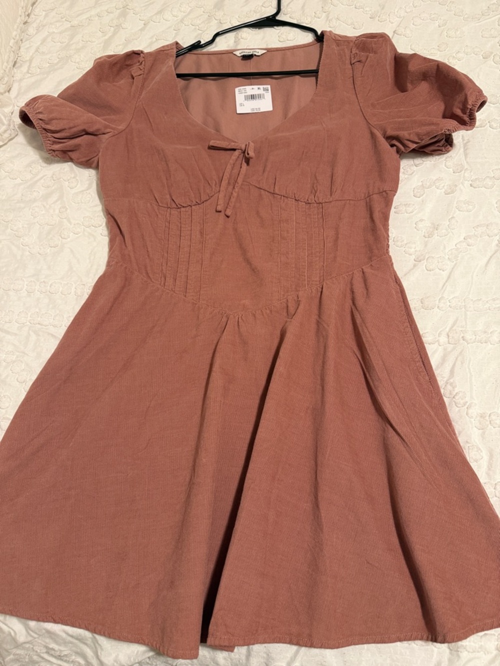 American Eagle Outfitters Dusty Rose Puff Sleeve Tie-Front Mini Dress